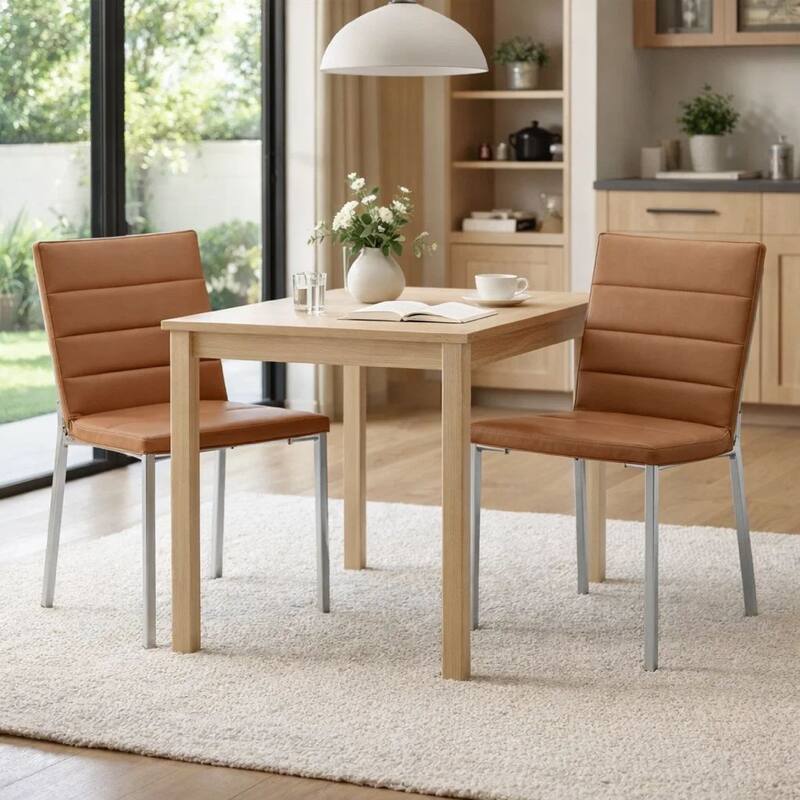 Eun 23 Inch Faux Leather Dining Chair, Metal Chrome Legs, Set of 2, Cognac