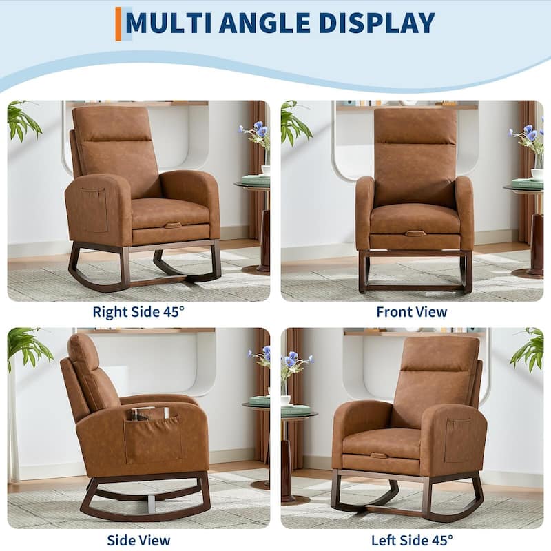 Rocking Chair with Footrest for Nursery, Modern PU Upholstered Glider Accent Armchair with High Backrest