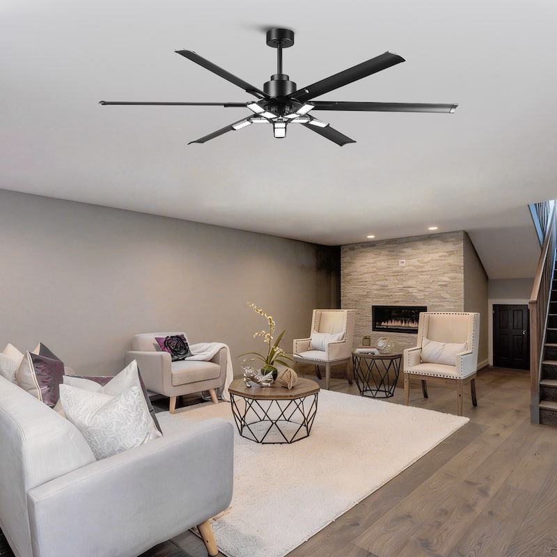 72" Industrial Matte Black HVLS Large Ceiling Fan with Foldable LED Light and Remote