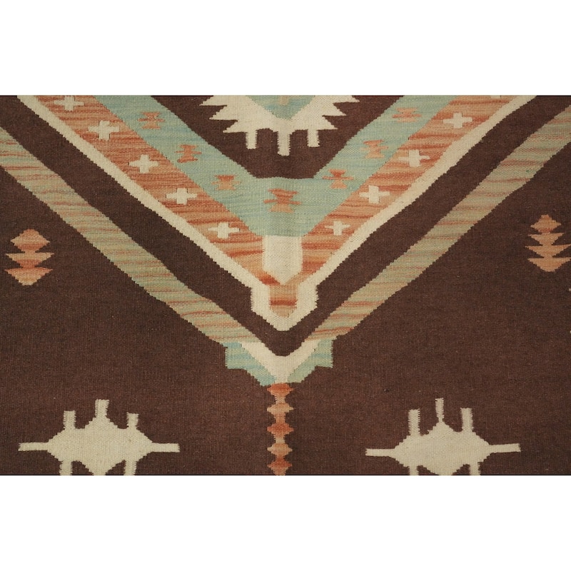 Hand Woven Oriental 100% Wool Carpet Southwestern Tribal Brown Kilim Area Rug - 9' 6'' X 8' 2''