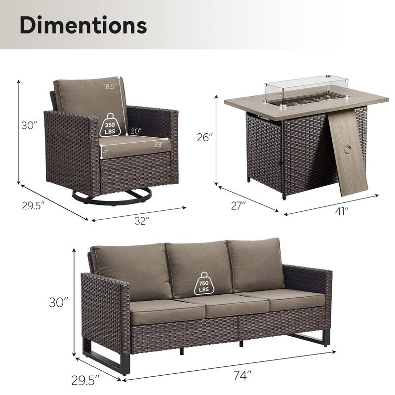 Outdoor Sofa 2 Glider Chairs and Fire Pit Table