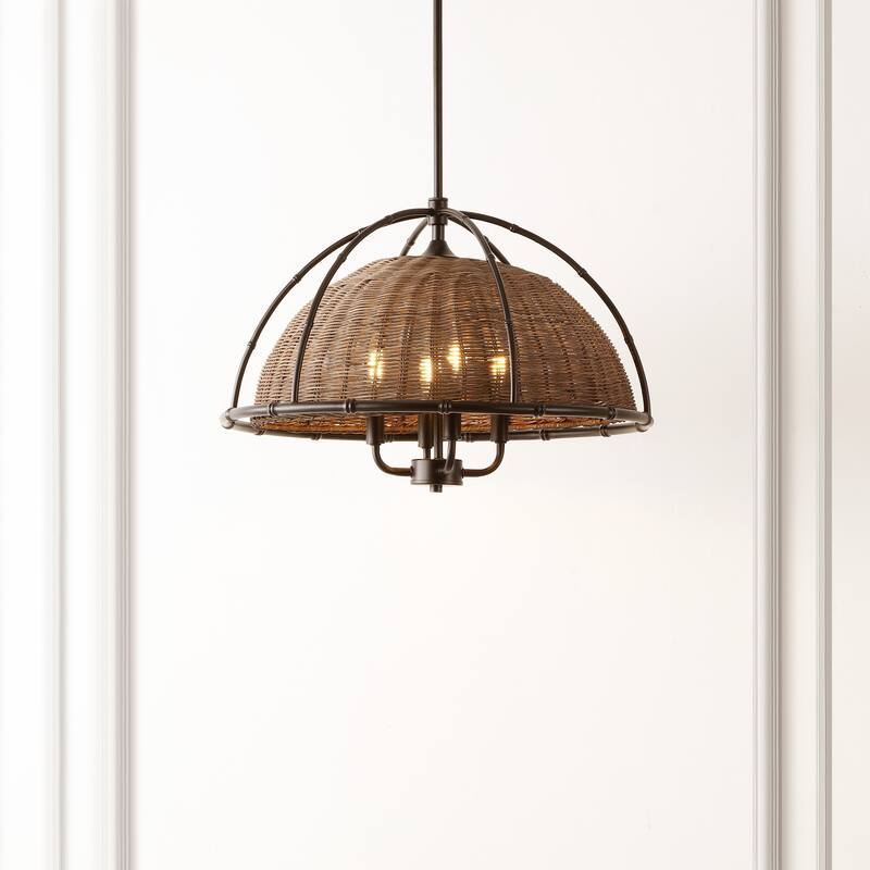 SAFAVIEH Lighting Joita 4-Light Wicker Pendant Chandelier (LED Bulbs Included) - 21.5 In. x 21.5 In. x 23-53 In.