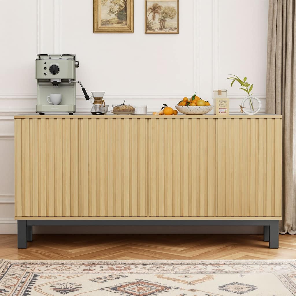 Meyreso 63 Inch Fluted Buffet Cabinet with Shelves & 4 Doors