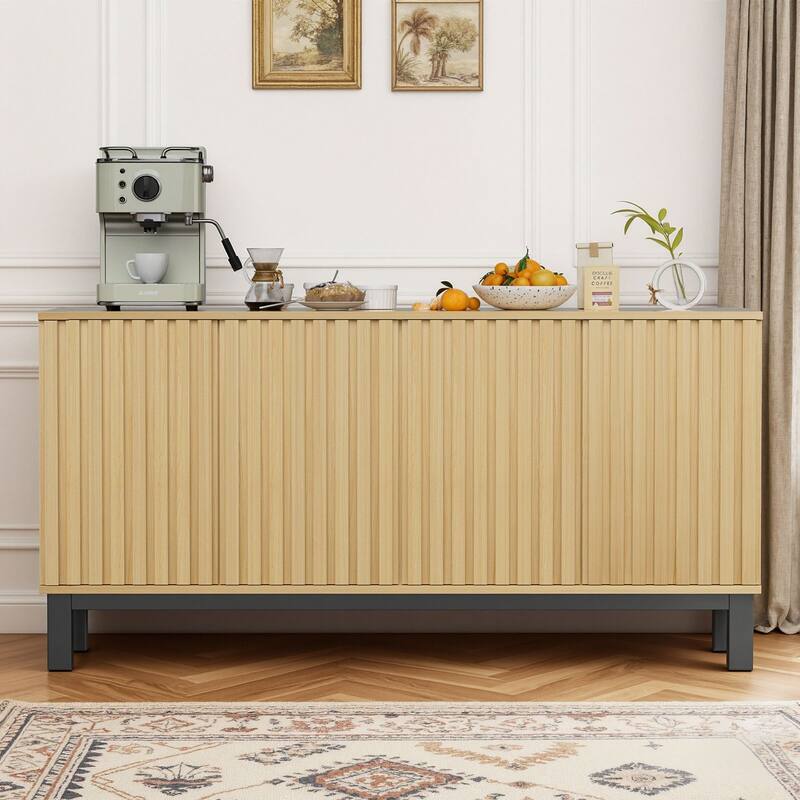 Meyreso 63 Inch Fluted Buffet Cabinet with Shelves & 4 Doors - Oak - No Drawers