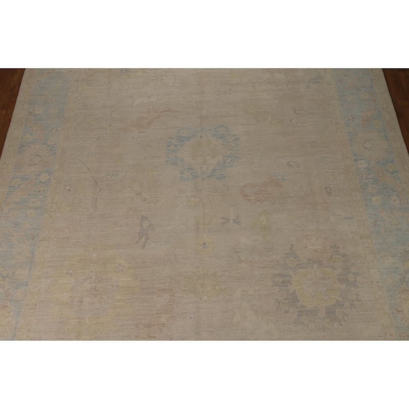 Vegetable Dye Oushak Turkish Large Rug Hand-Knotted Beige Wool Carpet - 10'0"x 14'7"