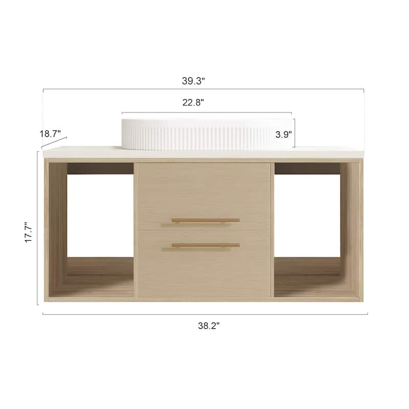 GDFStudio - Modern 39.3" Wall-Mounted Bathroom Vanity with Oval Ceramic Sink, Soft-Close Drawers & Open Shelf Storage