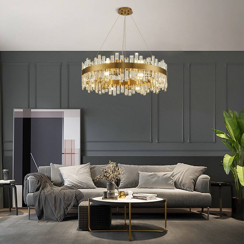 32 in. 2-Tier Modern Crystal Chandelier Brass Gold Round Crystal Raindrop Chandelier Contemporary Pendant Light for Dining Room