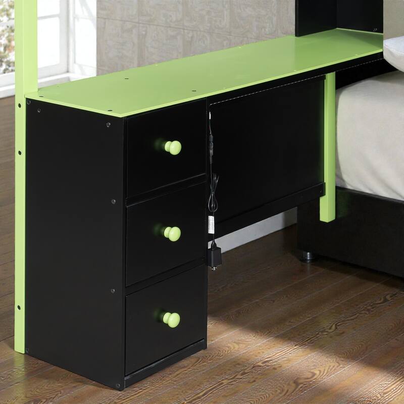 Full Size Gaming Loft Bed with Desk, LED Light, Storage Shelves and Drawers, Wood Loft Bed Frame for Teens Kids