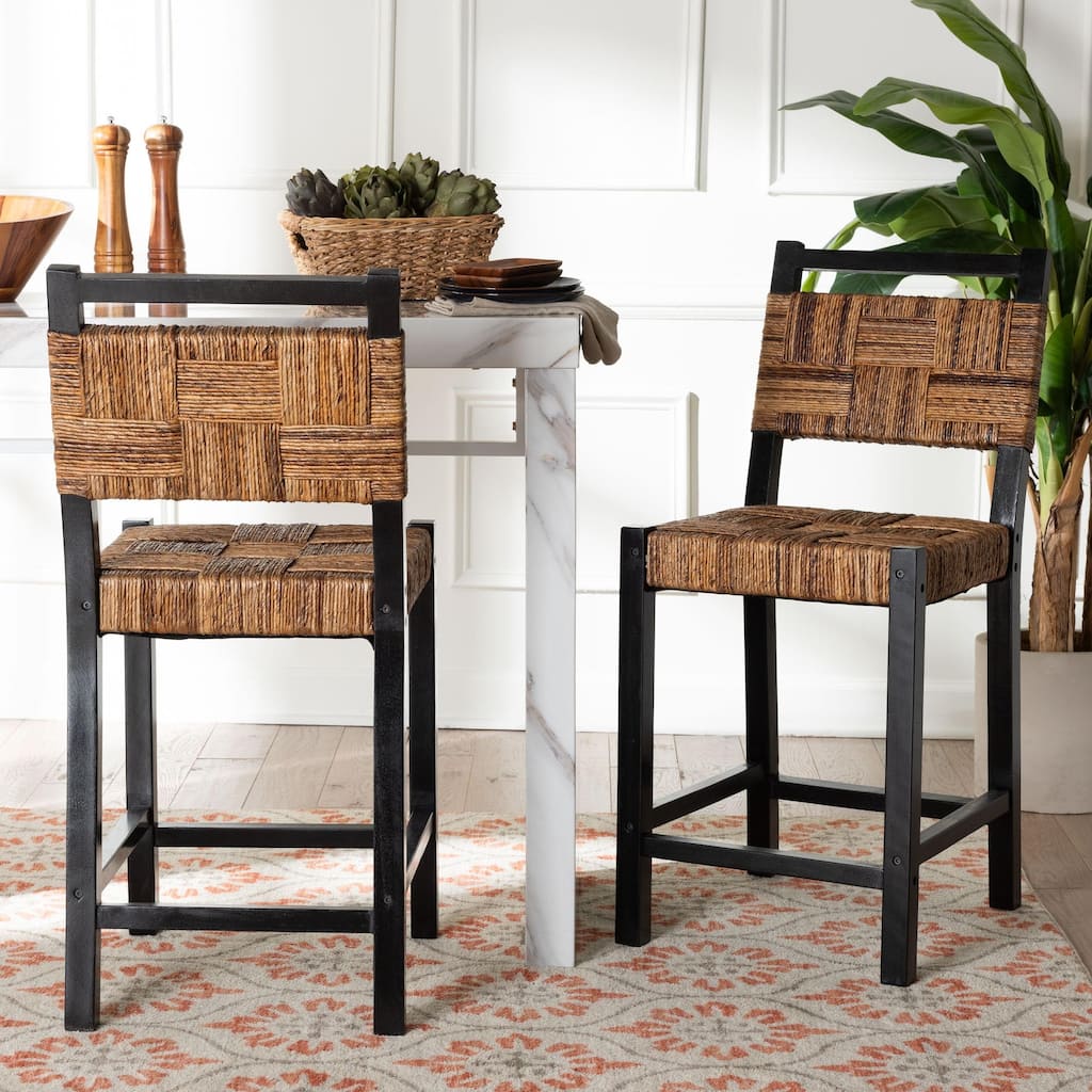 Raniya Seagrass Counter Stool - Solid Mango Wood Frame with Woven Seat and Backrest, Rustic Boho Style Dining Seating, Black