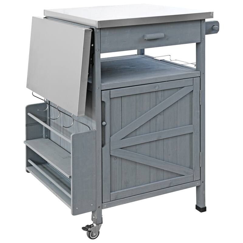 40.5" Outdoor Grill Cart with Stainless Steel Top, Drop Leaf, One Drawer, Towel Rack, Rolling Kitchen Cart with Lockable Wheels