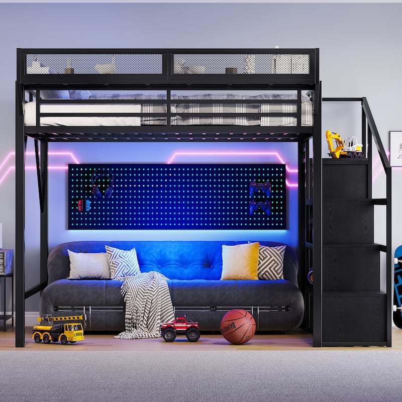 GDFStudio - Cherry Loft Bed with Desk, Wardrobe and USB Ports and LED Lights