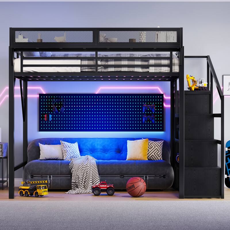 Queen Loft Bed with Storage Stairs, Shelves, Wardrobe, USB Ports, LED Lights, Black Woodgrain