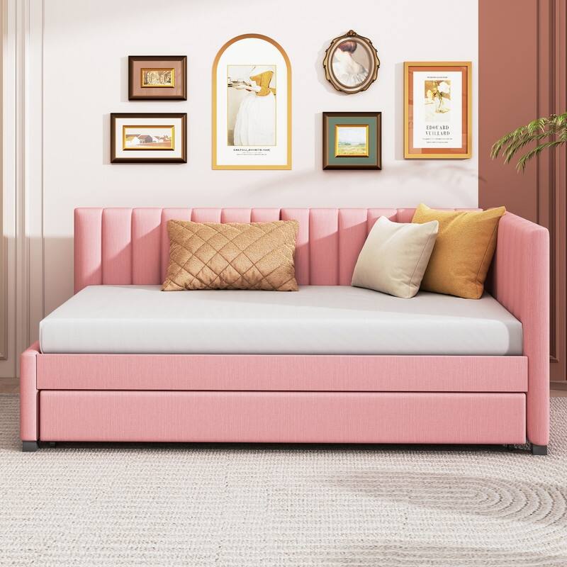 Upholstered Daybed with Trundle Twin Size Sofa Bed Frame No Box Spring Needed, Linen Fabric