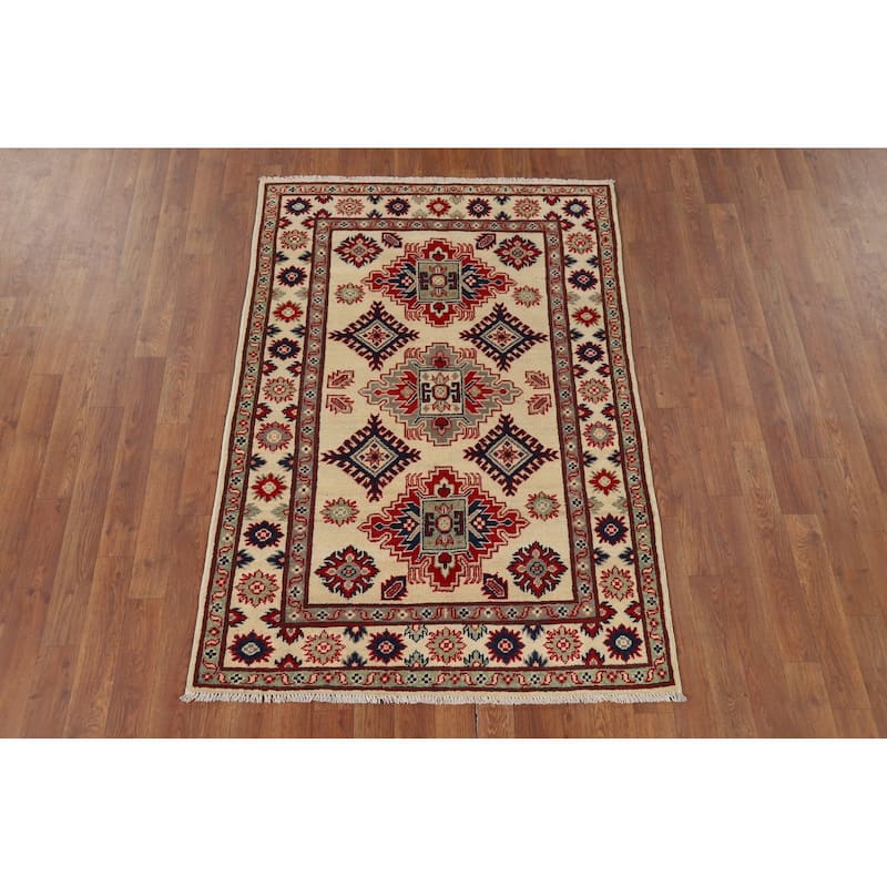 Geometric Ivory Kazak Oriental Accent Rug Handmade Wool Carpet - 3'5" x 4'11"
