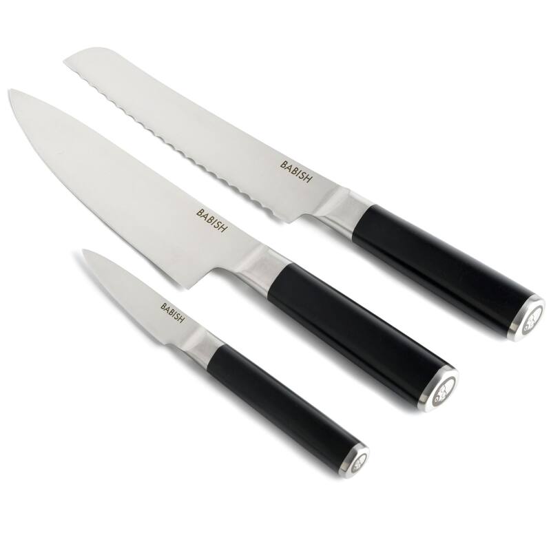 Babish German High-Carbon 1.4116 Steel Cutlery, 3-Piece (Chef Knife, Bread Knife, & Pairing Knife) w/Knife Roll