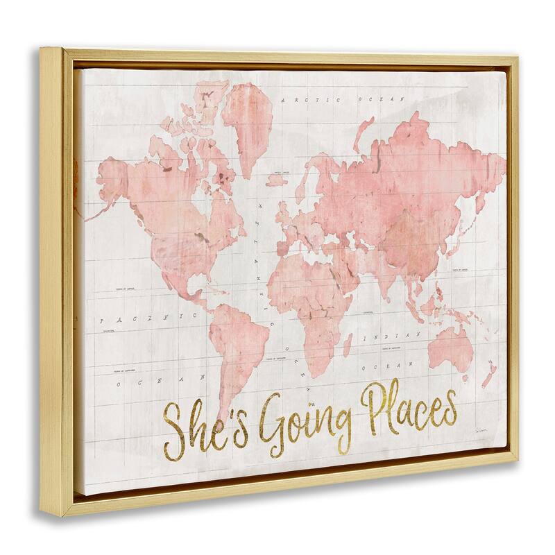 Stupell She's Going Places Quote Pink Watercolor World Map Floater Frame - Beige
