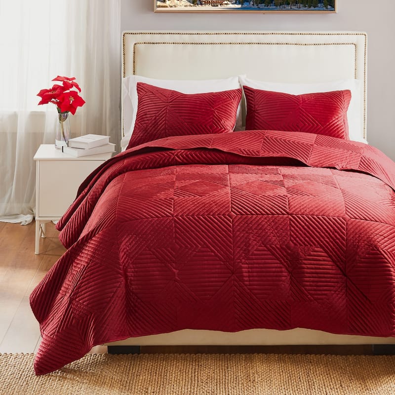 Riviera Velvet Finely Stitched Modern Quilt and Pillow Sham Set