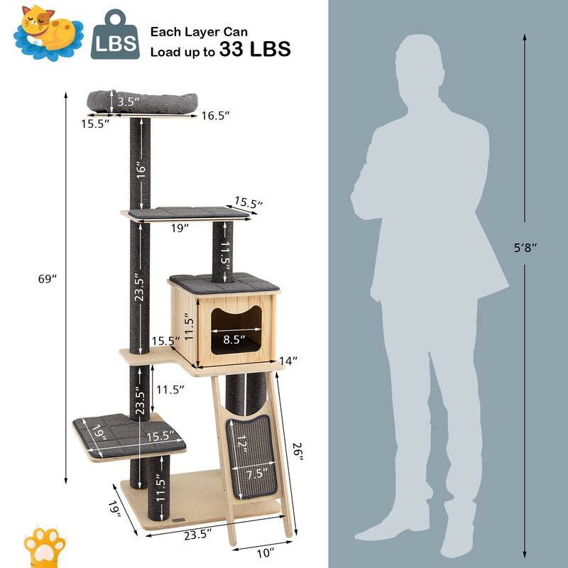 5-Tier Modern Wood Cat Tower with Washable Cushions-Grey