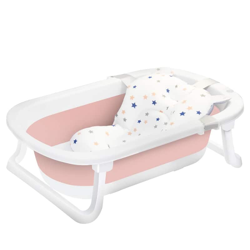 Portable-Foldable Multifunctional Baby Bathtub with Newborn Cushion and Anti-skid Pad - 29.9”L x 18.5”W x 8.2”H