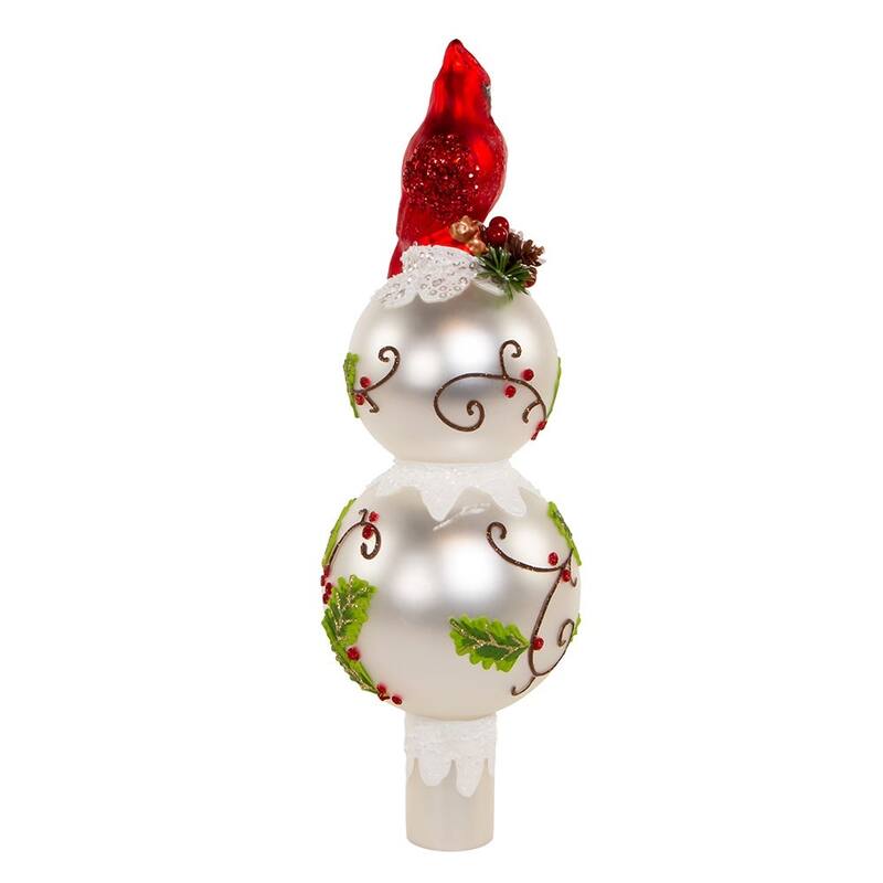 Kurt Adler 12-Inch Glass Holly and Cardinal Tree Topper - Red