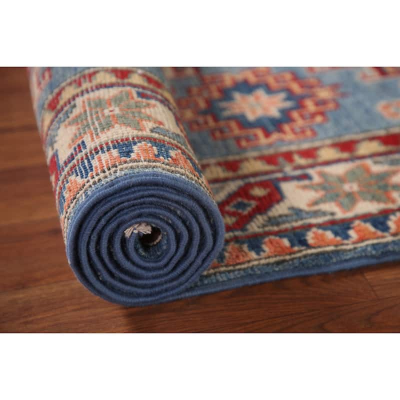 Light Blue Geometric Kazak Accent Rug Hand-Knotted Wool Carpet - 2'7" x 6'4"
