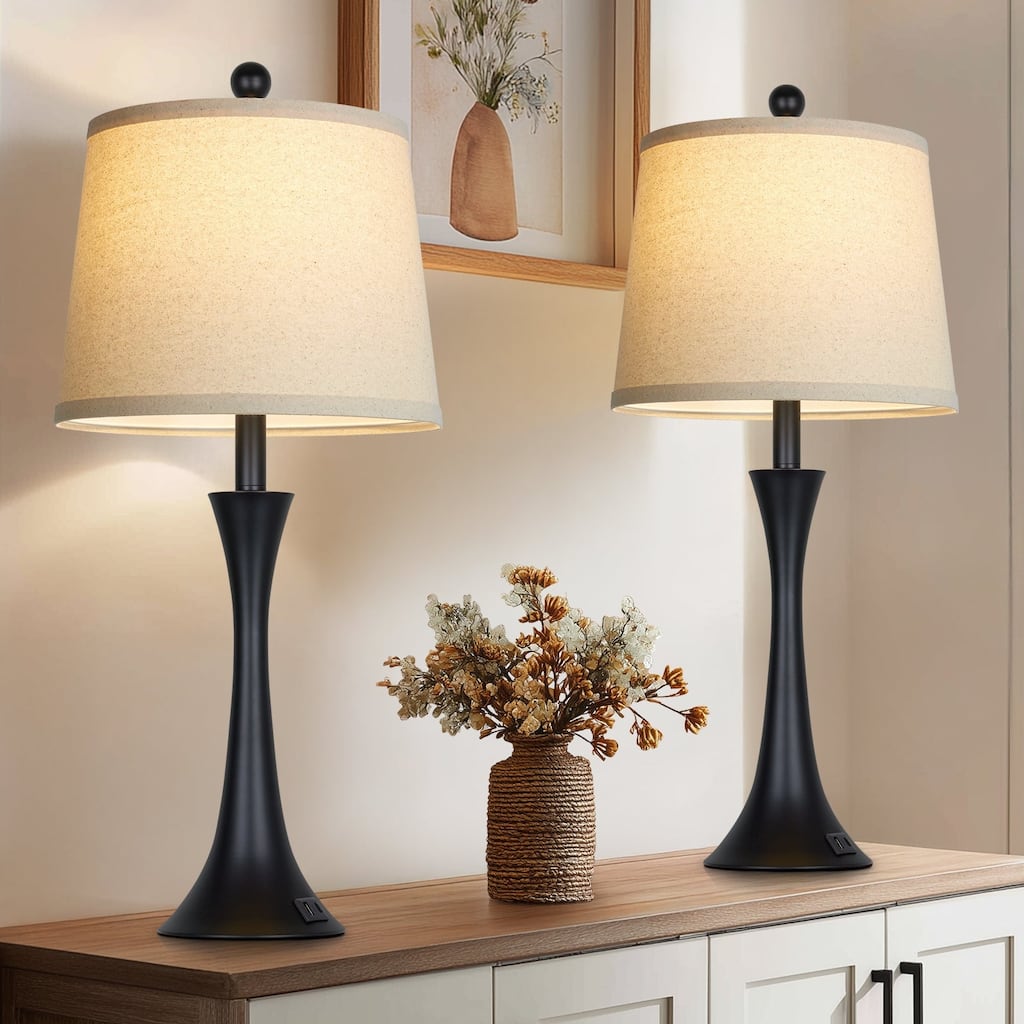 27.5" Modern Table Lamp with USB & Type-C Ports, 3-Level Touch Control, Oatmeal Fabric Shade (Set of 2) - 12'' x 12'' x 27.5''