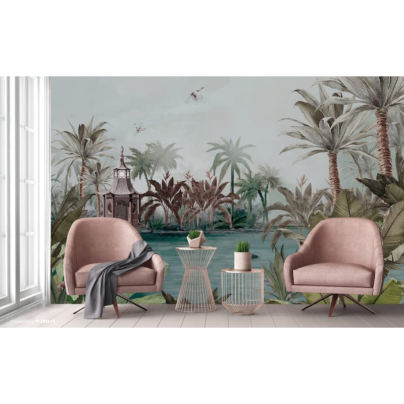 Tranquil Lakeside Pavilion Mural Tropical Palms Black Swan