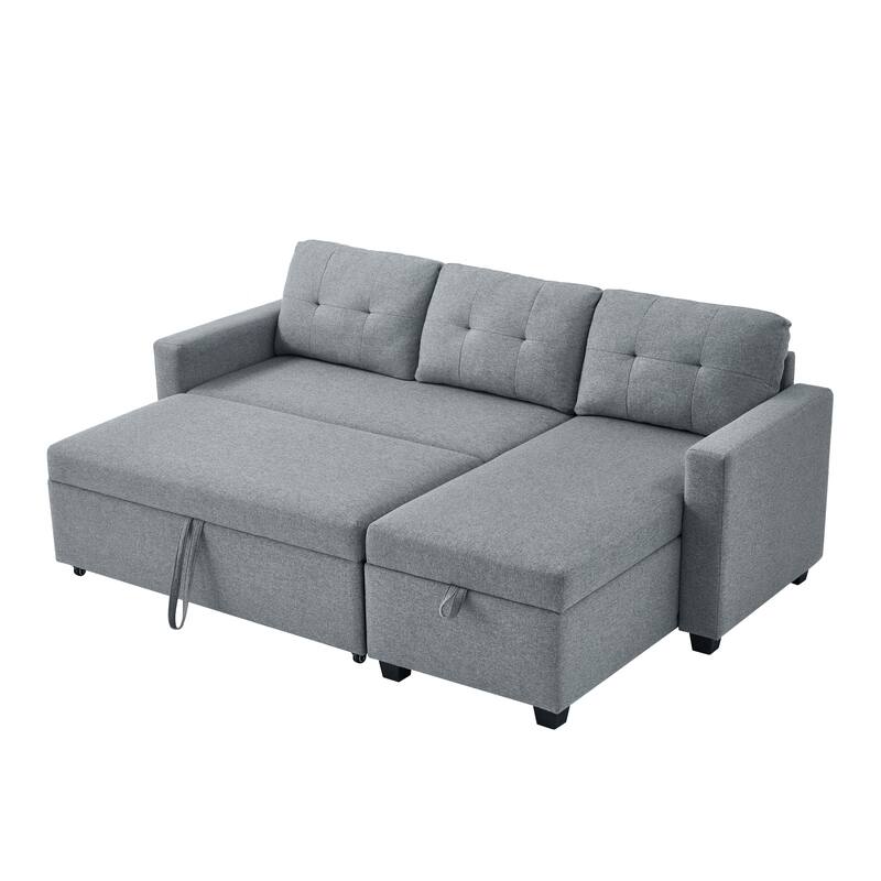 81.5" Linen Upholstered Sectional Sofa with Pull-Out Bed and Storage Chaise, Convertible 3-Seater