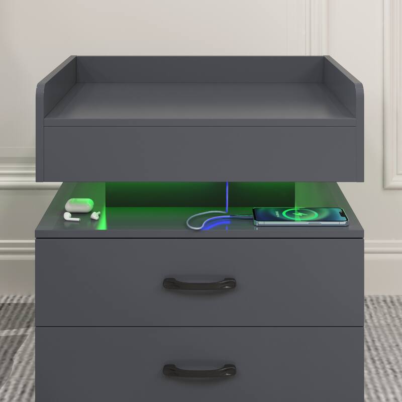 1 Set Nightstand with Adjustable LED Strip Light, 2-Drawers, Large Storage Space