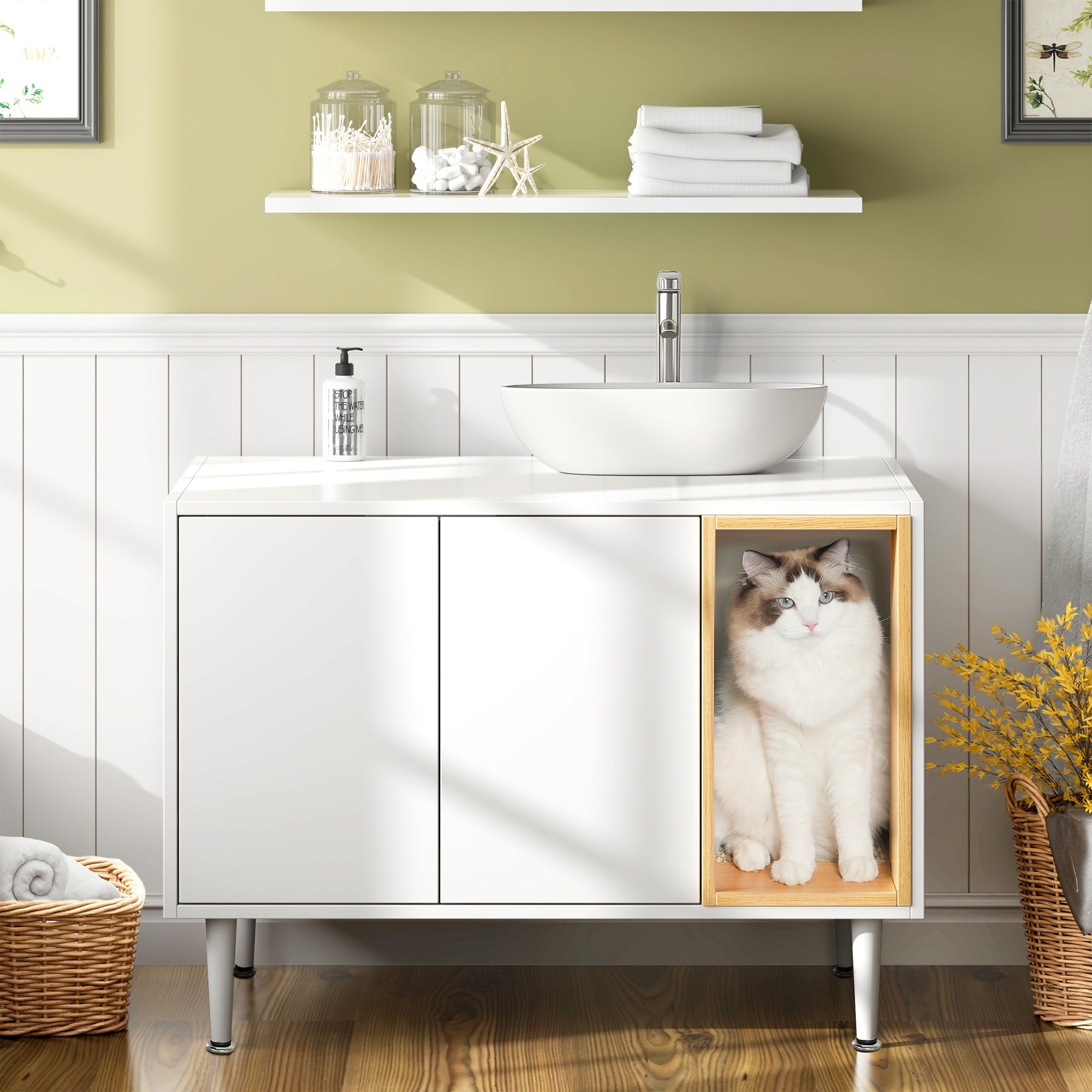 Bathroom sink cabinet with Cat Litter Box enclosure Hidden Litter Pet Washroom with Divider Cat House for Large Cats On Sale Bed Bath Beyond 40930551