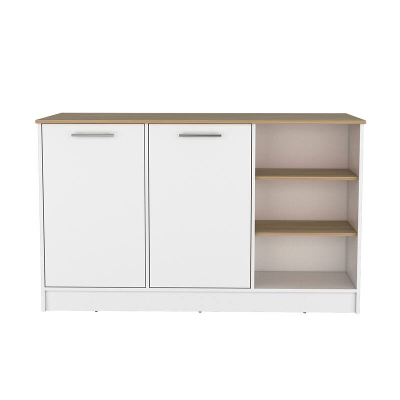 White/Dark Brown Kitchen Island with 3 Open Shelves, 2 Cabinets, Spacious Countertop