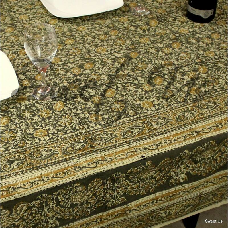 Block Print Cotton Vegetable Dye Exotic Floral Tablecloth Rectangle