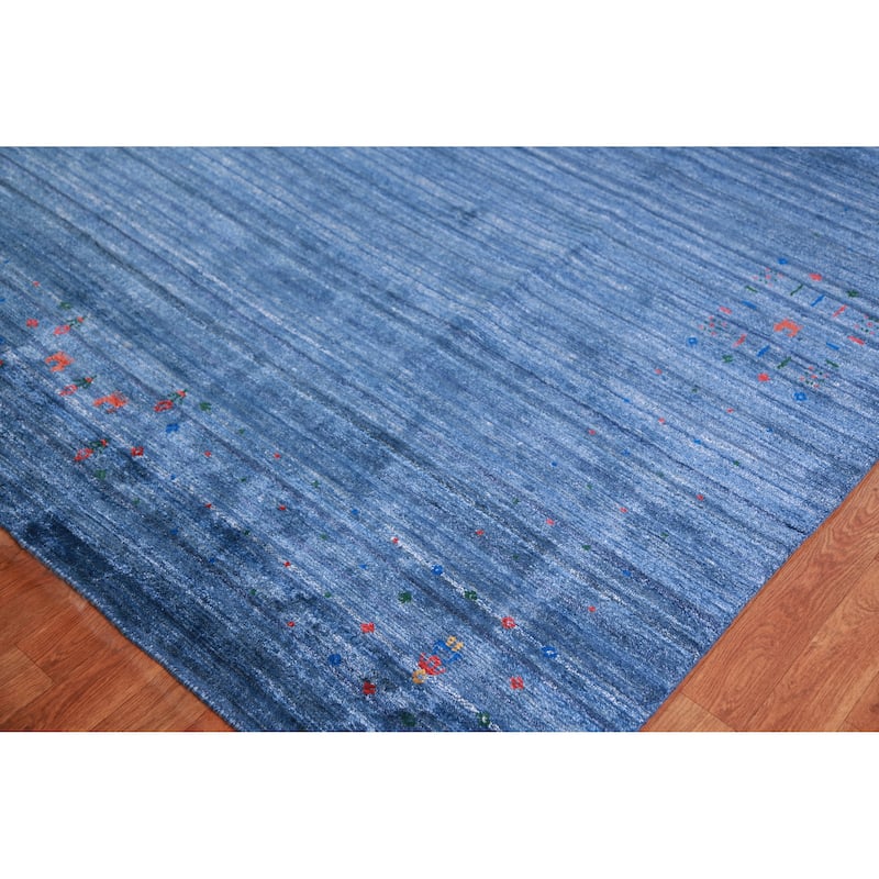 Blue Gabbeh Indian Area Rug Hand-Knotted Silk Carpet - 8'10" x 11'5"
