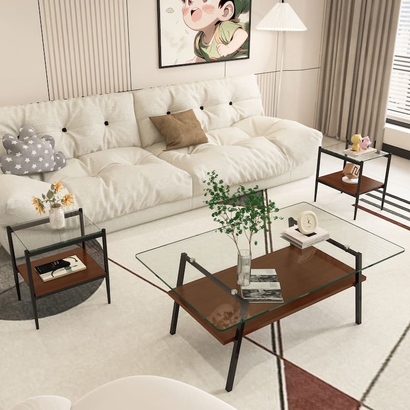 Coffee Table and End tables Set of 3, Tempered Glass Table with MDF layer, Modern Tables for Living Room, Transparent Glass - Transparent+Black