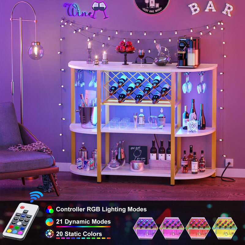 4-Tier Wine Bar Cabinet with Outlet and LED Light,Freestanding Bar Table with Glass Holder and Wine Storage