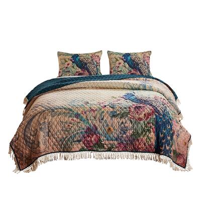3 Piece Queen Size Quilt Set with Floral Print and Crochet Trim, Multicolor