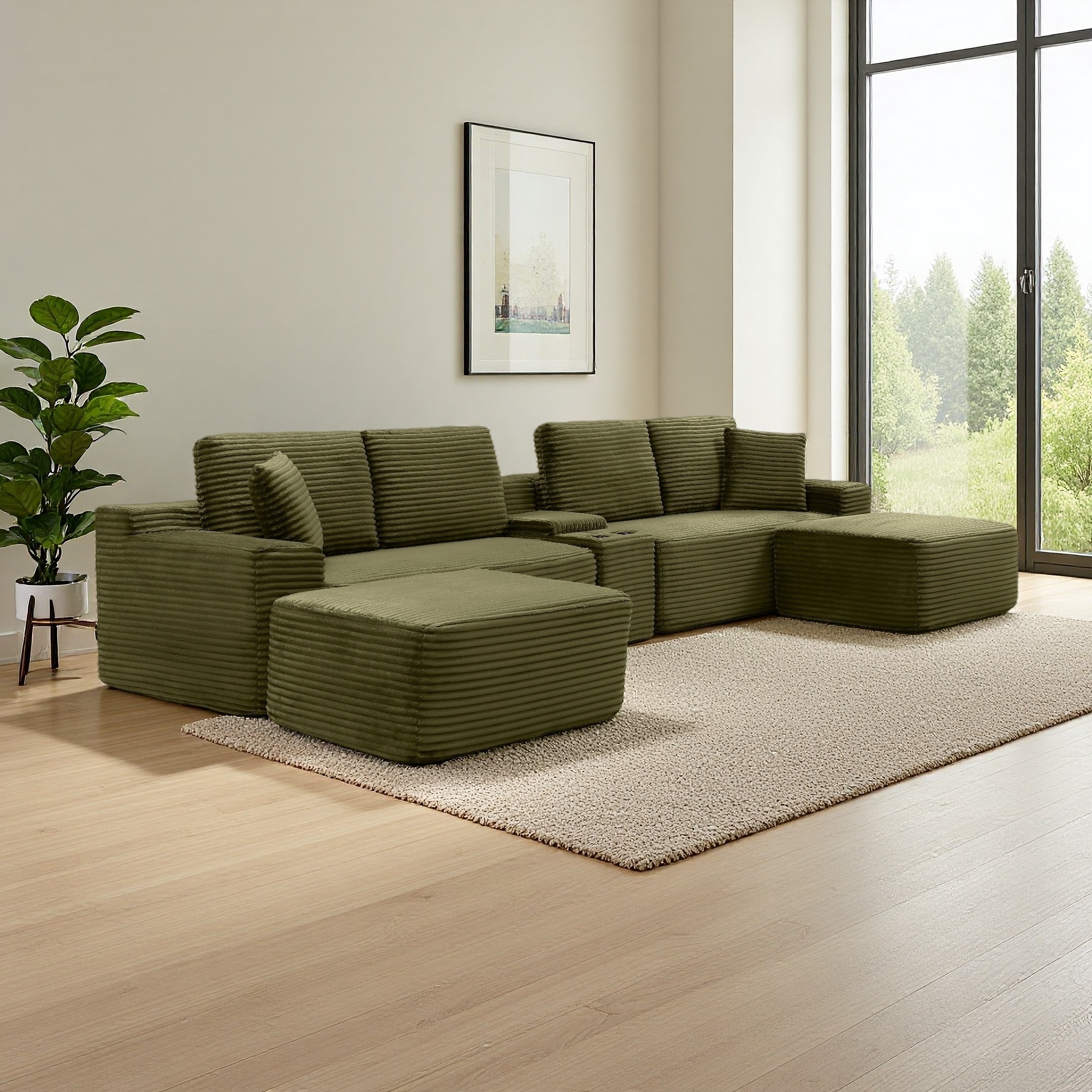 125" Corduroy U-Shaped Modular Sectional Sofa with 2 Ottomans, Cup Holders and USB Ports