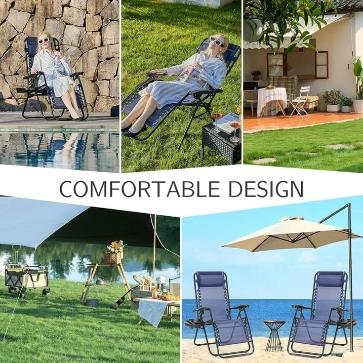 Set of 2 Folding Reclining Lounge Chair, Outdoor Zero Gravity Recliner W/Side Tray & Detachable Headrest Pillow