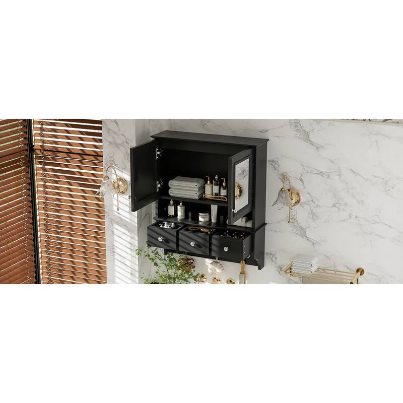 4-in-1 Bathroom Mirror Cabinet,24"Wall Mounted Medicine Cabinet with Drawers & Organizer Hooks,High-Define Mirrors with Storage