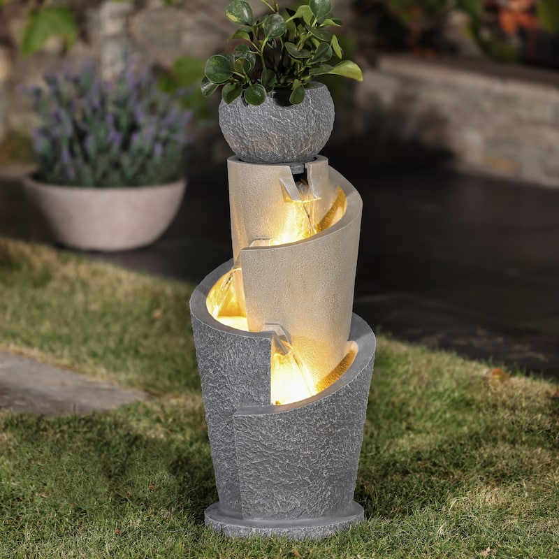 Gray Resin Cascading Spiral Outdoor Fountain with LED Lights