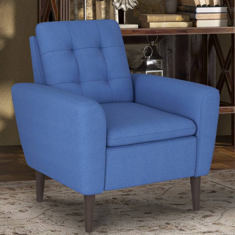 Button Tufted Fabric Accent Chair Armchair with Solid Sagwan Wooden Frame - Blue