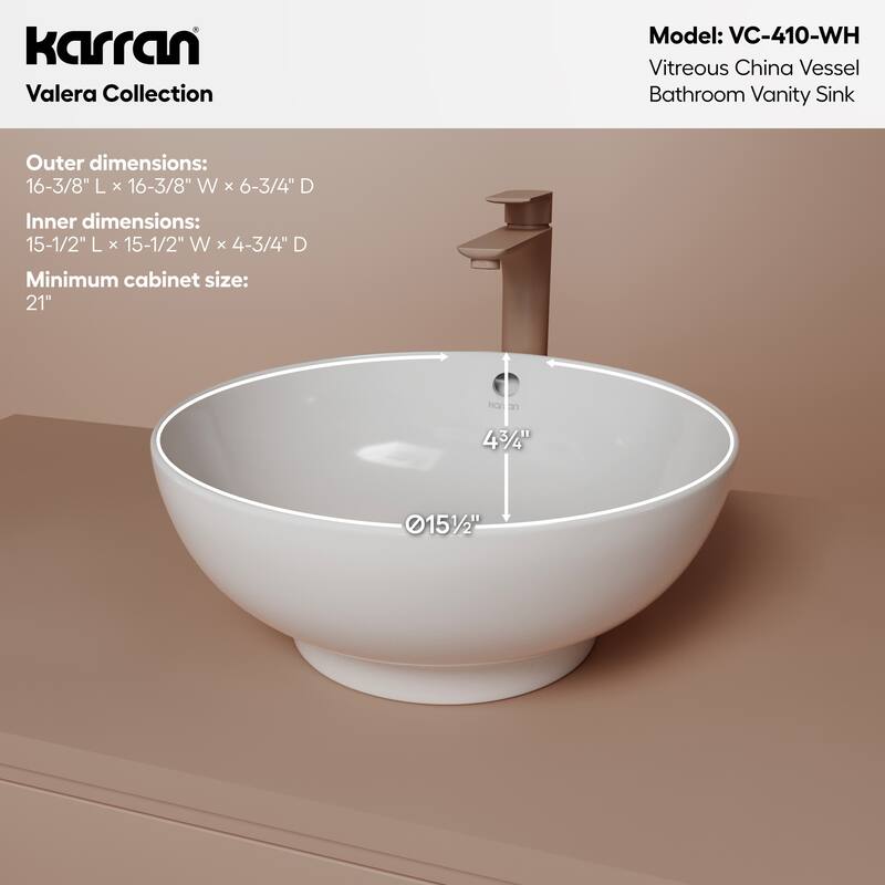 Karran Valera 17" Vitreous China Vessel Bathroom Sink in White with Overflow Drain