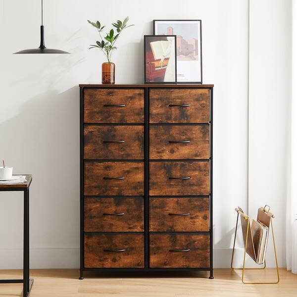 Tall Dresser Storage Tower with 10 Fabric Drawers, Grey, Black, Rustic Brown  - Bed Bath & Beyond - 38980174