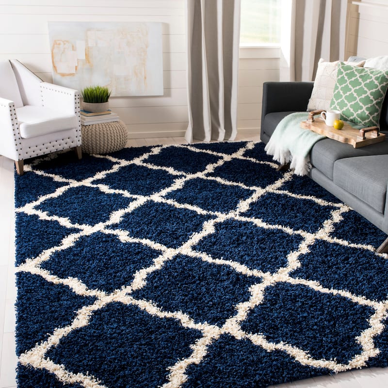 SAFAVIEH Dallas Shag Giusy Trellis 1.5-inch Thick Rug - 8' x 10' - Navy/Ivory