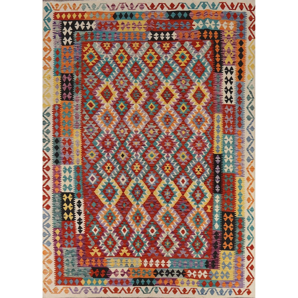 Reversible Kilim Oriental Area Rug Flatweave Geometric Wool Carpet - 8'5" x 10'10"