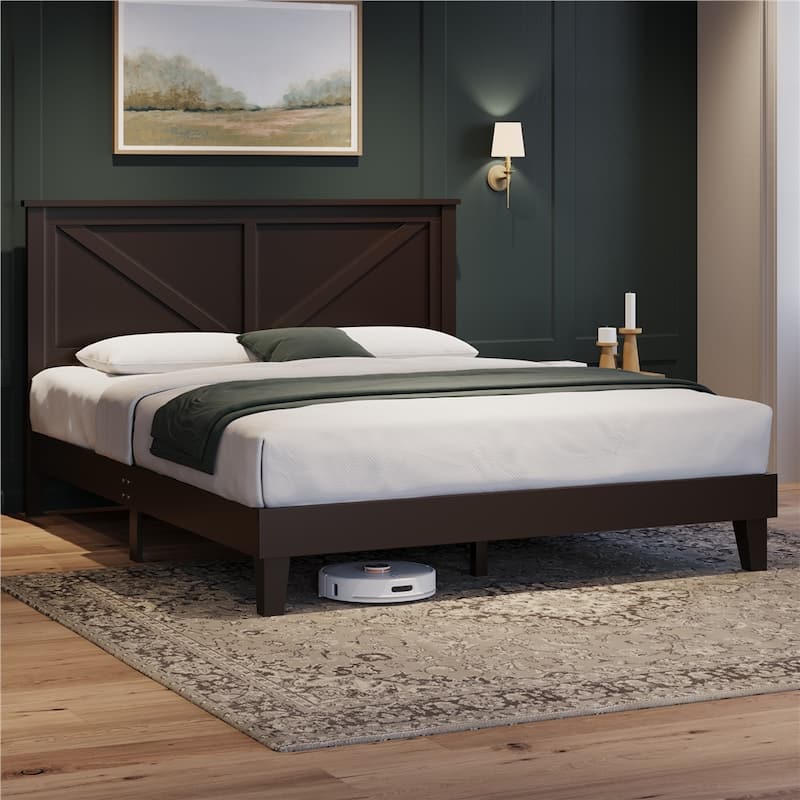 Yaheetech Farmhouse Wood Bed Platform No Box Spring Needed - Espresso - Full