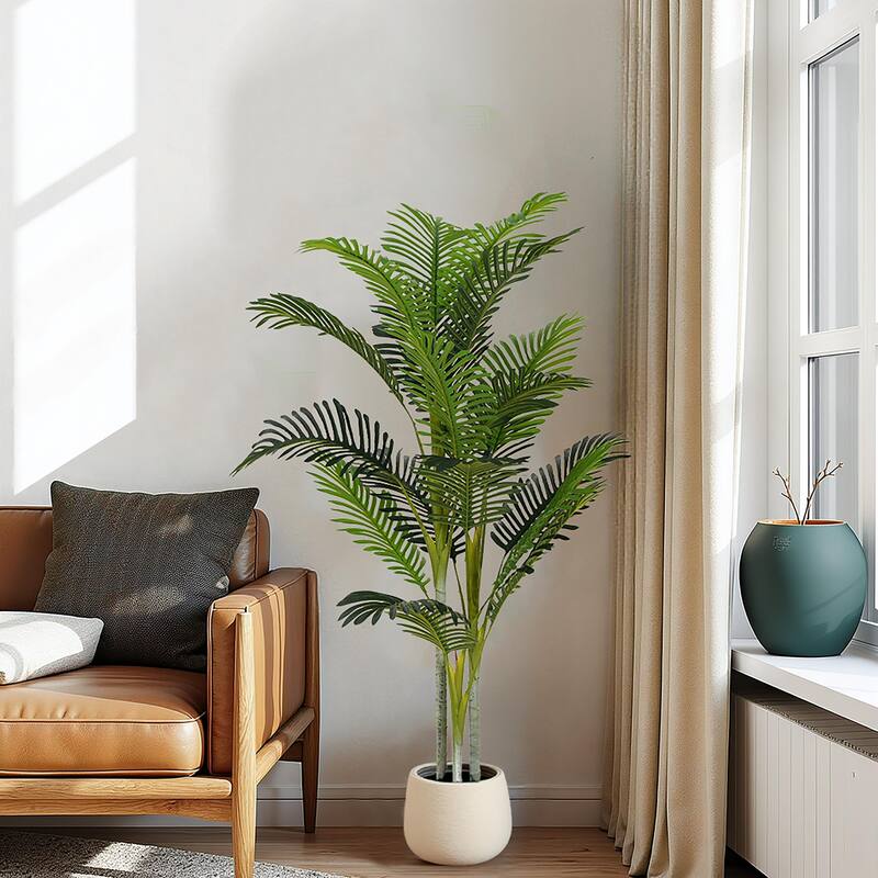 Roomfitters 61'' Artificial Palm Tree Set of 2, Tall Faux Indoor Plants with Black Plastic Pots for Home Decor, Green