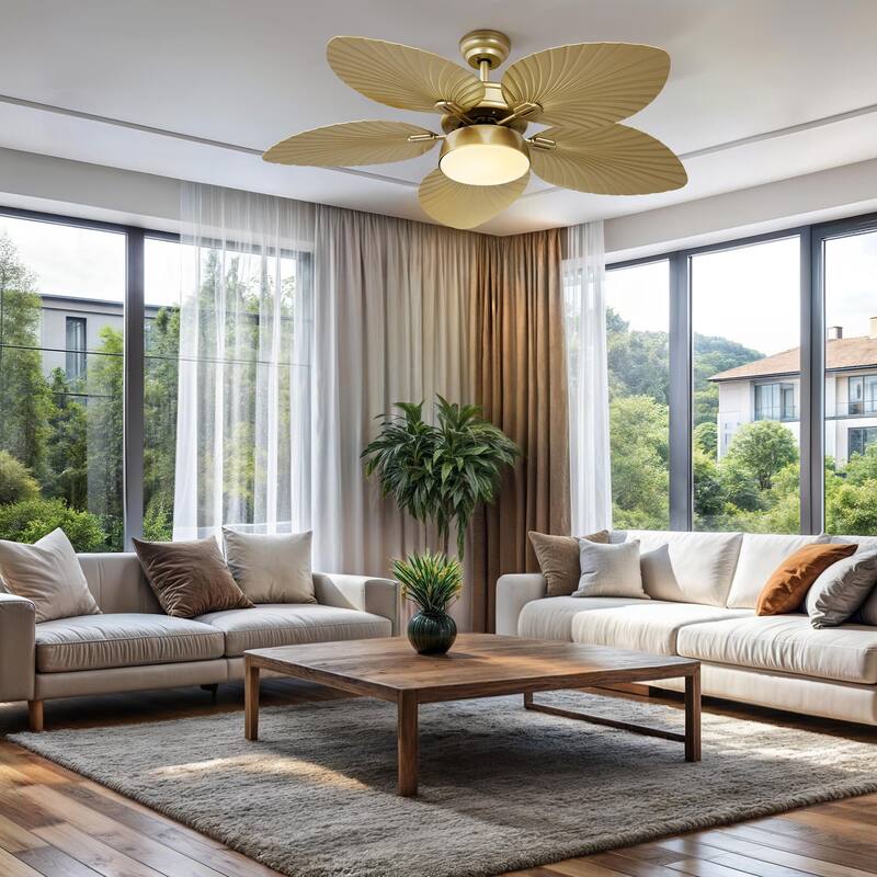 Moasis 52" Palm Leaf Ceiling Fan with Light Tropical Style with Remote - Gold Blades