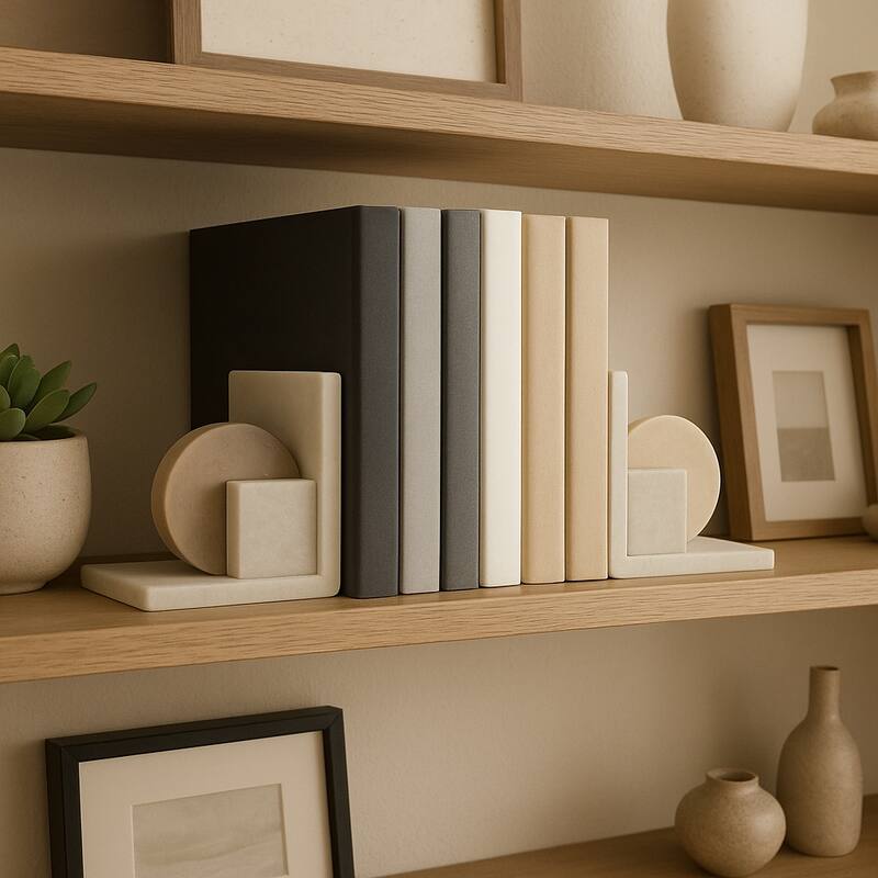 Decorative Geometric Marble Bookends - Set of 2 , 6", White & Tan - 6.0" - White/ Tan - 6.0"