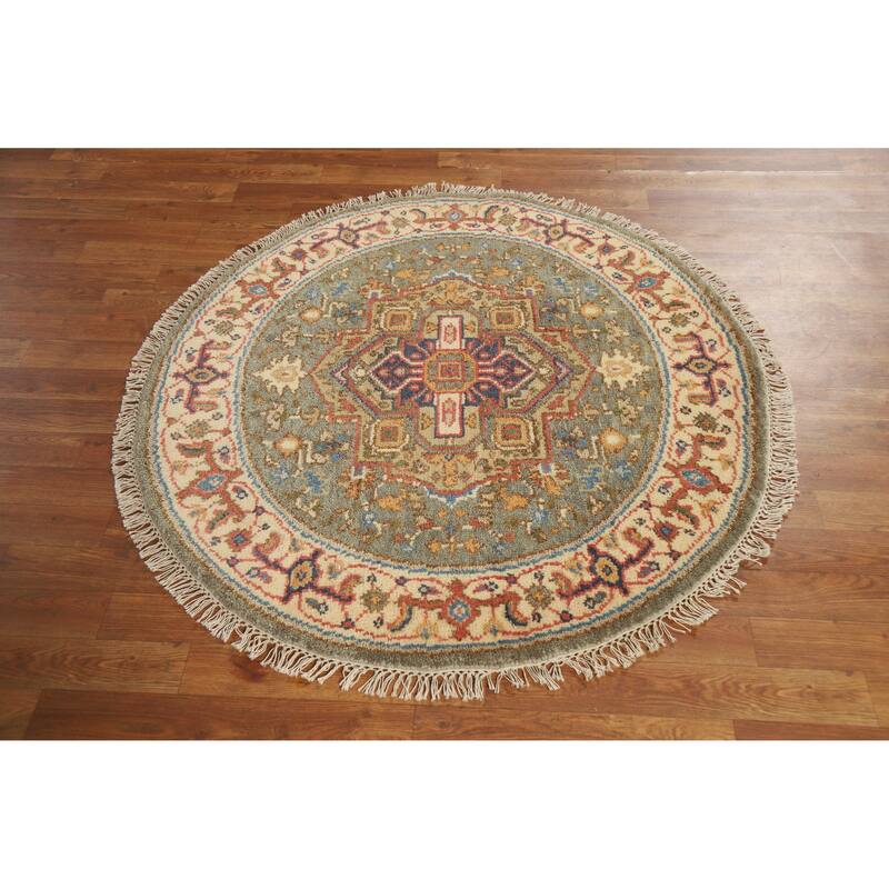Medallion Heriz Serapi Indian Round Rug Handmade Bedroom Wool Carpet - 4'0" x 3'11"